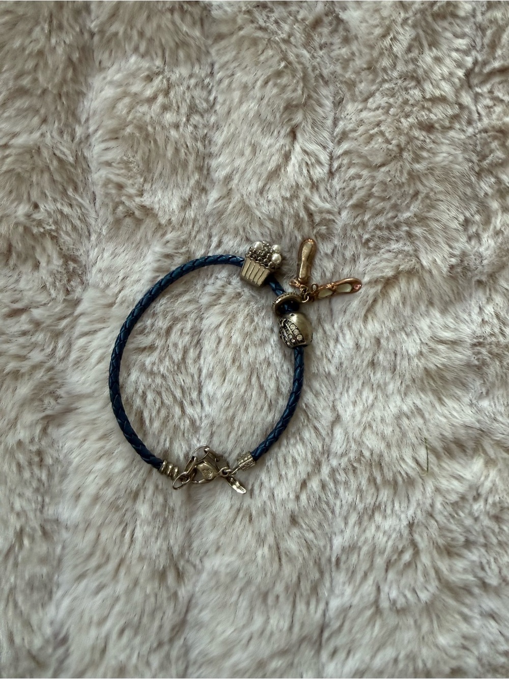 Pandora Braided Blue Leather Charm Bracelet with Gold-Tone Charms